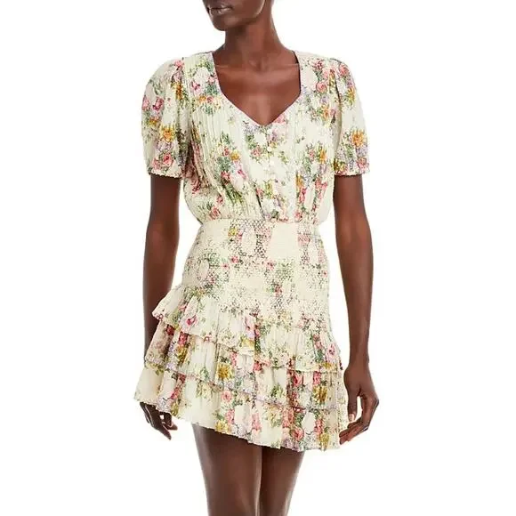 LoveShackFancy Keelin Mini Dress Shining Gemstone Floral Cotton Multi Size M NWT - Picture 2 of 11